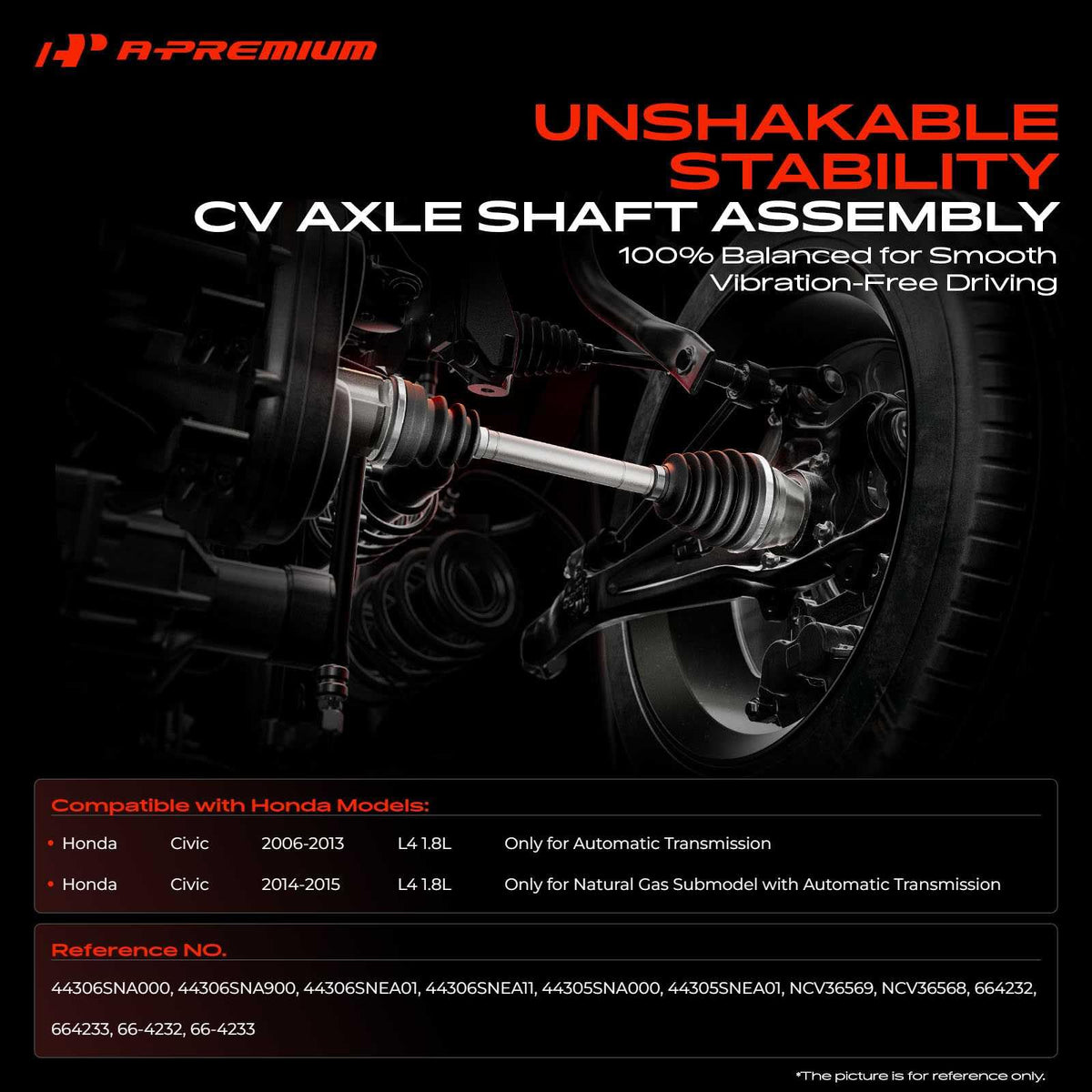A-Premium left axle close-up highlighting robust boot and joint for durability benefit