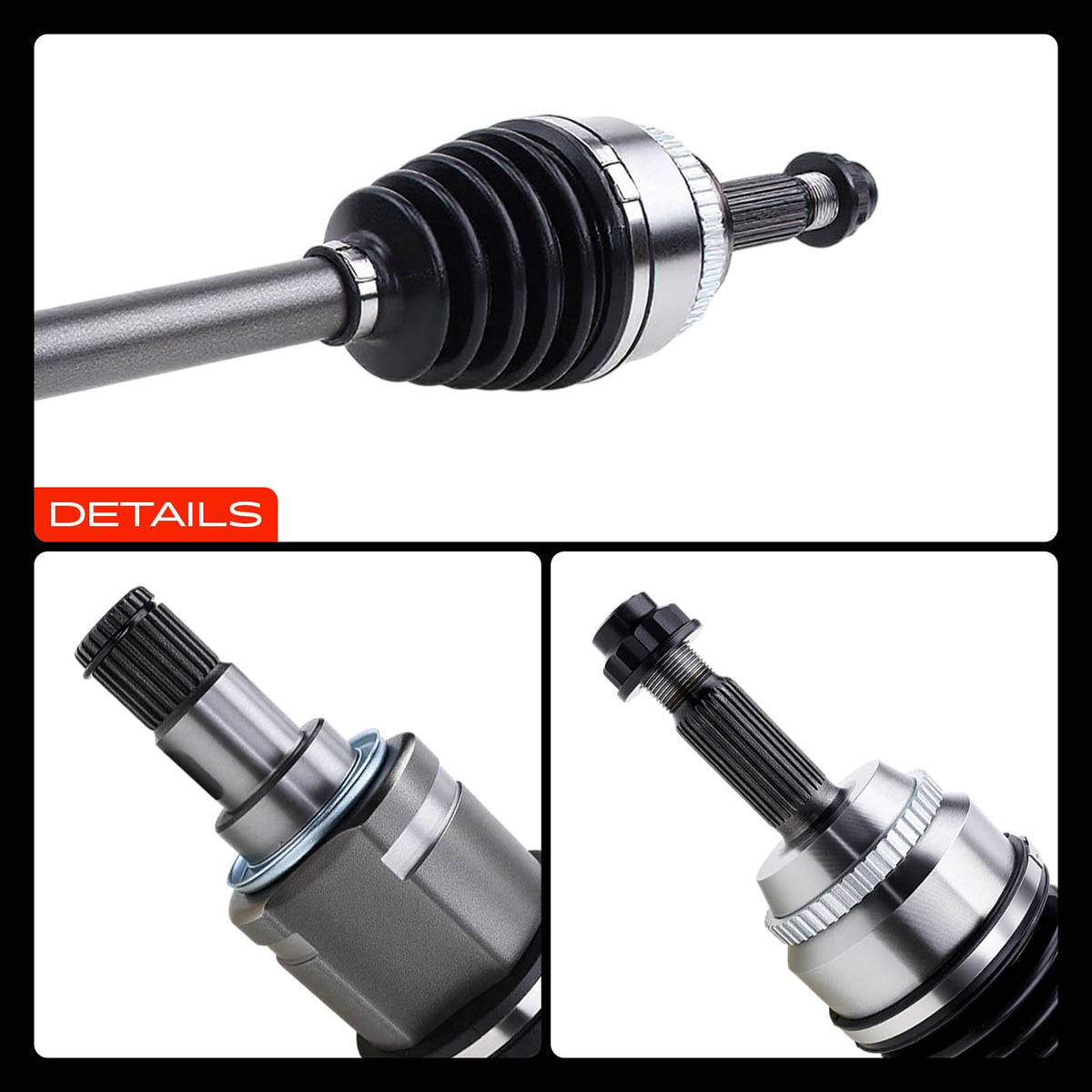 A-Premium axle shown near Toyota Camry wheel illustrating compatibility and peace of mind