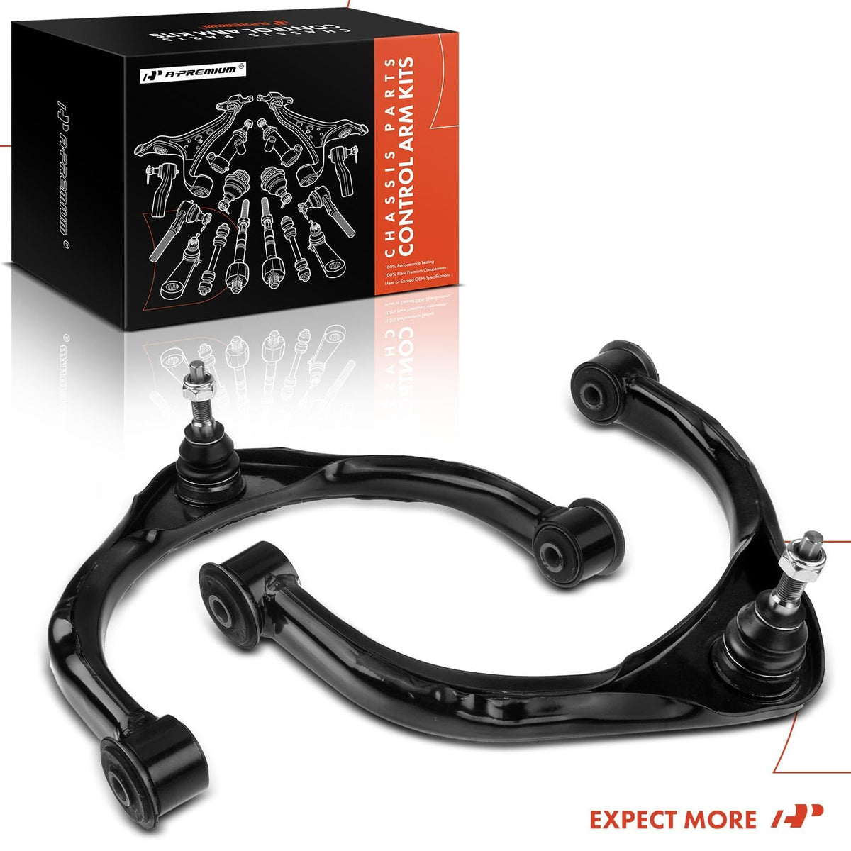 Mechanic installing A-Premium control arms in a garage scene conveying easy swap and professional results