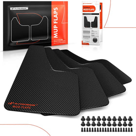 A-Premium mud flaps on car in roadside scene showing reduced road grime and protection
