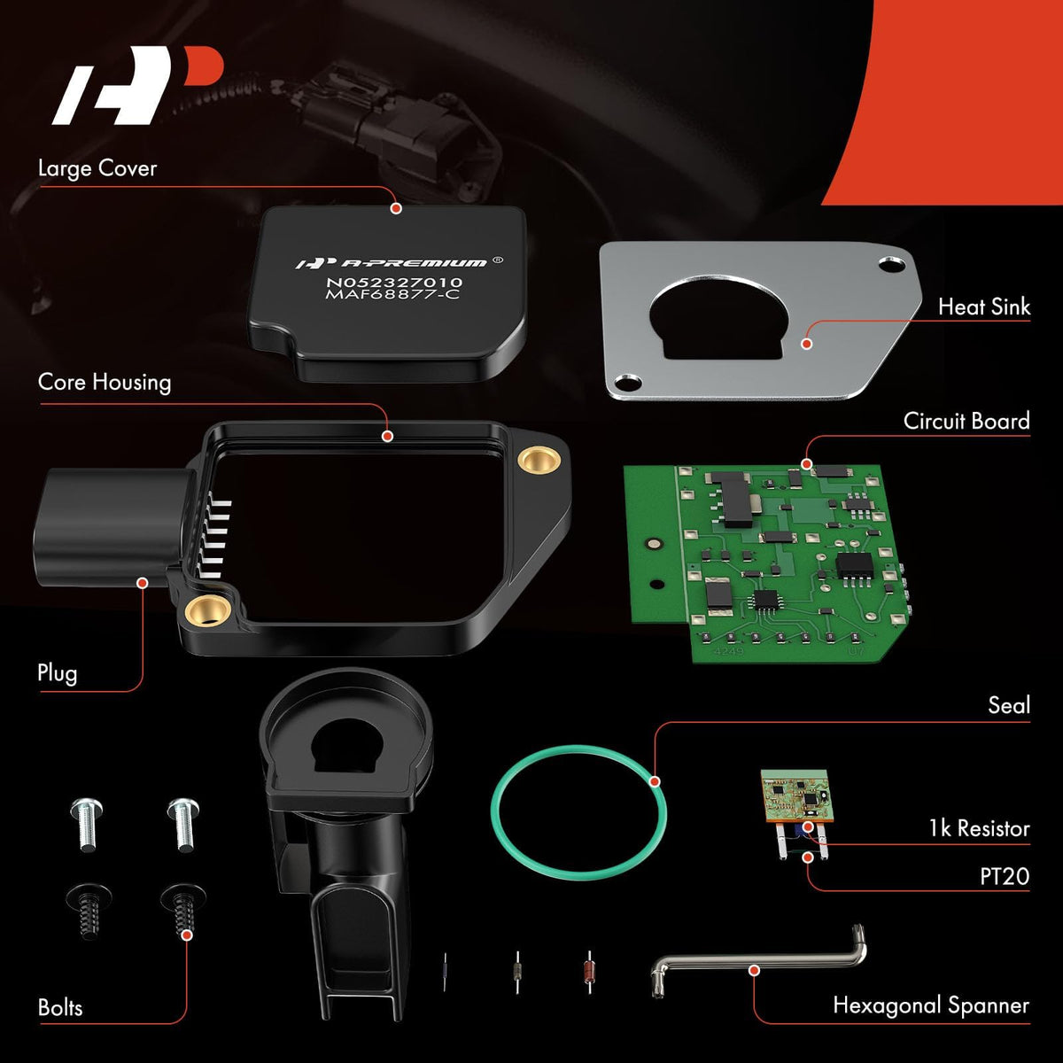 A-Premium MAF sensor polymer and aluminum texture indicating durable materials