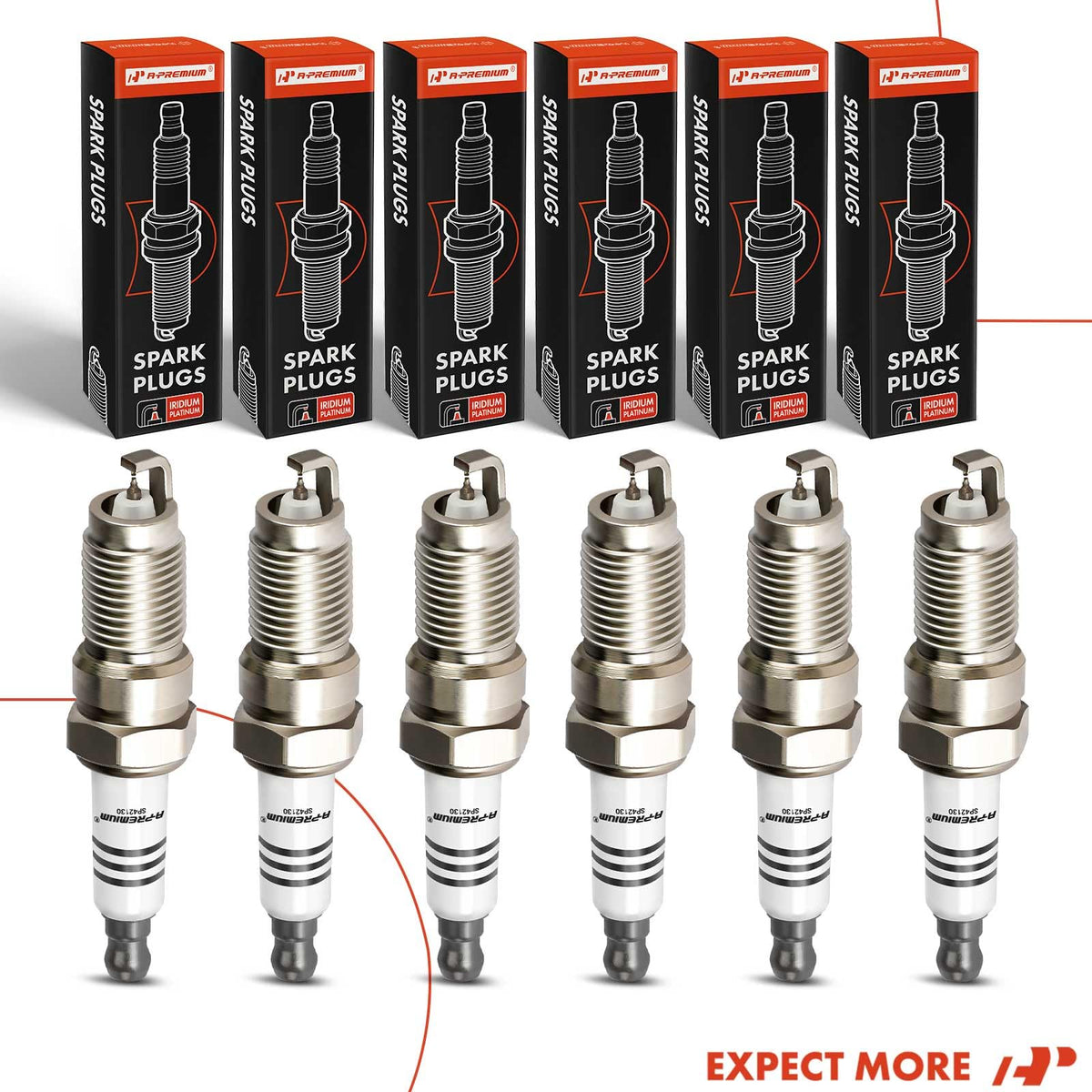 A-Premium material diagram showing iridium tip and platinum core explaining longevity