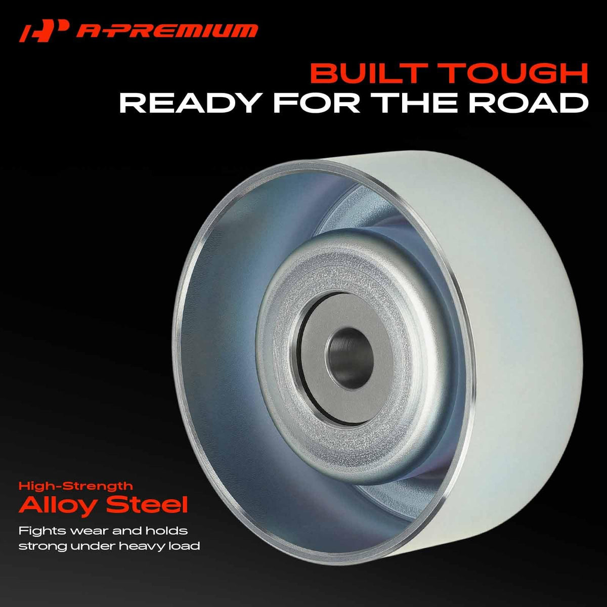 A-Premium pulley installed on engine upper mount showing correct belt routing