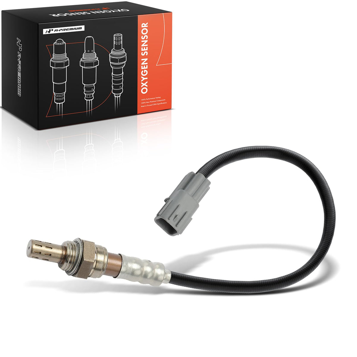A-Premium O2 sensor front view showing threaded body and connector benefit quick fit