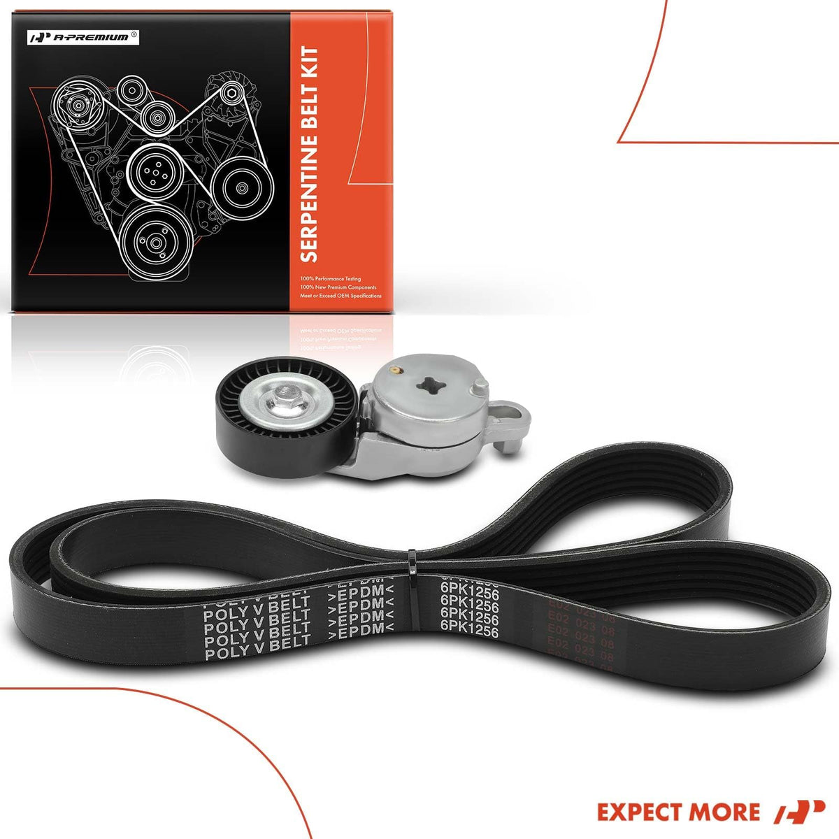 A-Premium open packaging contents displaying belt and tensioner paired for matched performance benefit