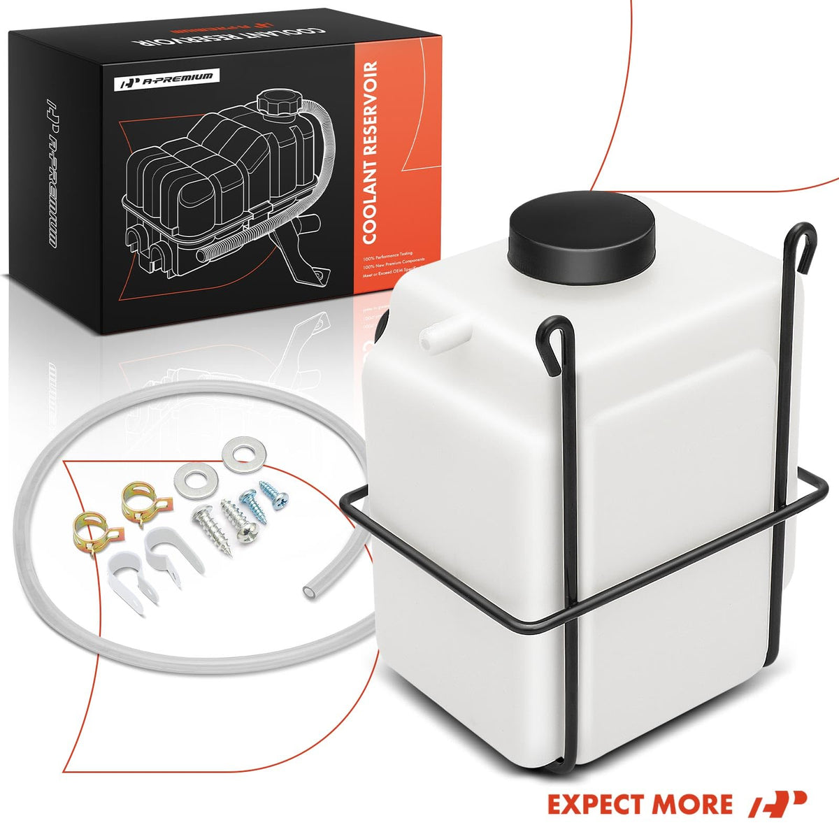 A-Premium packaged kit contents showing included cap bracket and hose benefit