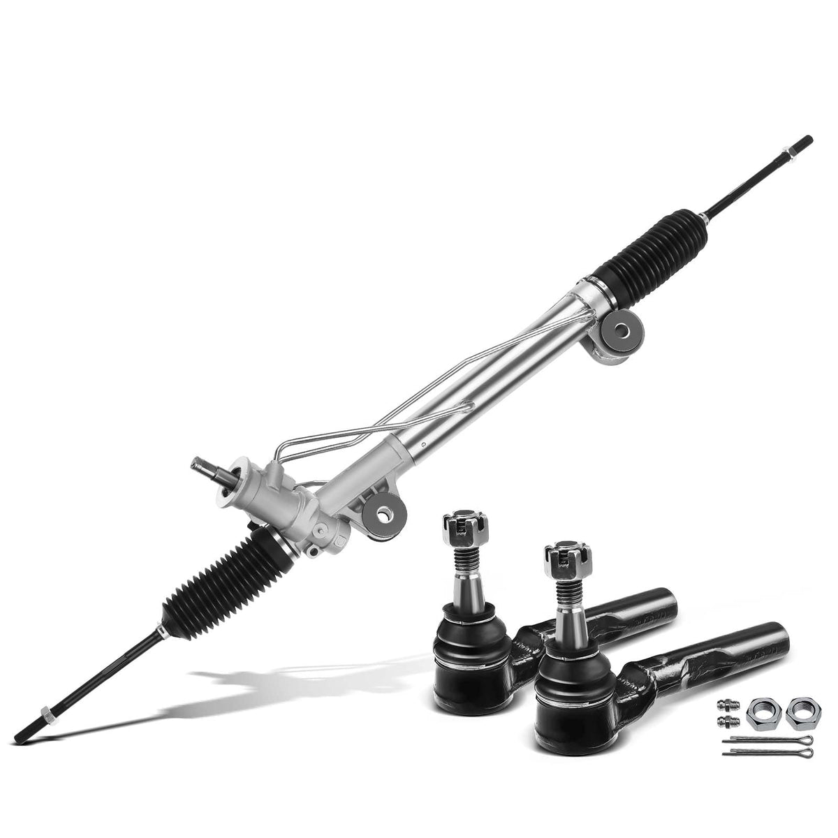 A-Premium packaging and contents showing rack, two tie rods and included parts
