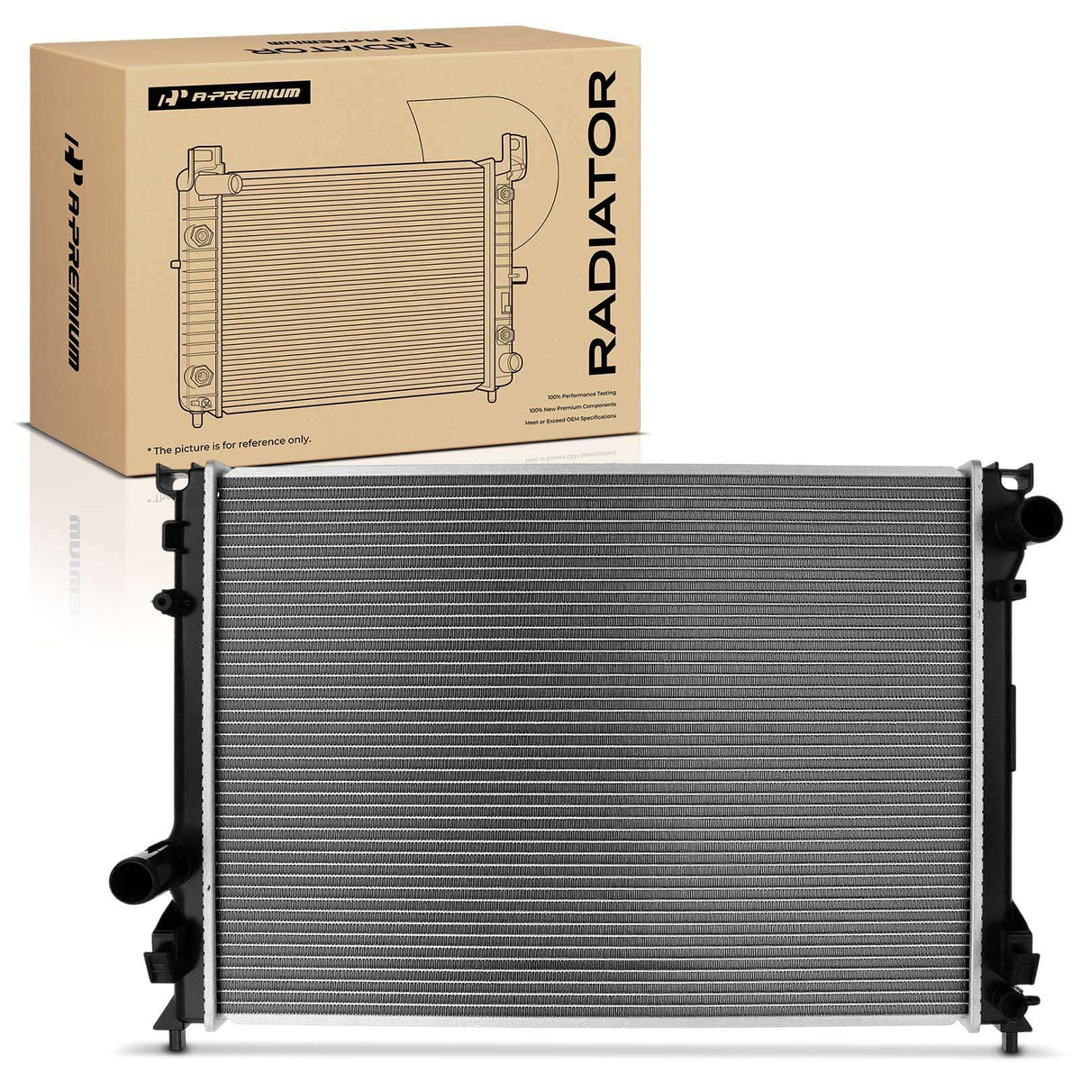 A-Premium radiator front assembly showing full single-fan mounting and improved fit