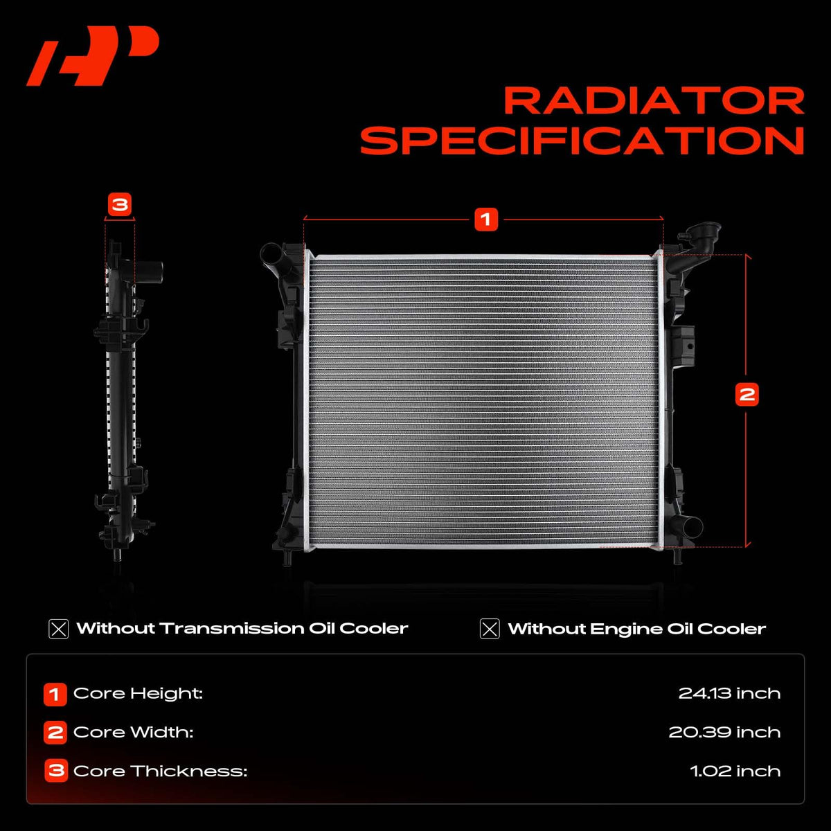 A-Premium radiator inlet and outlet detail illustrating correct hose diameters