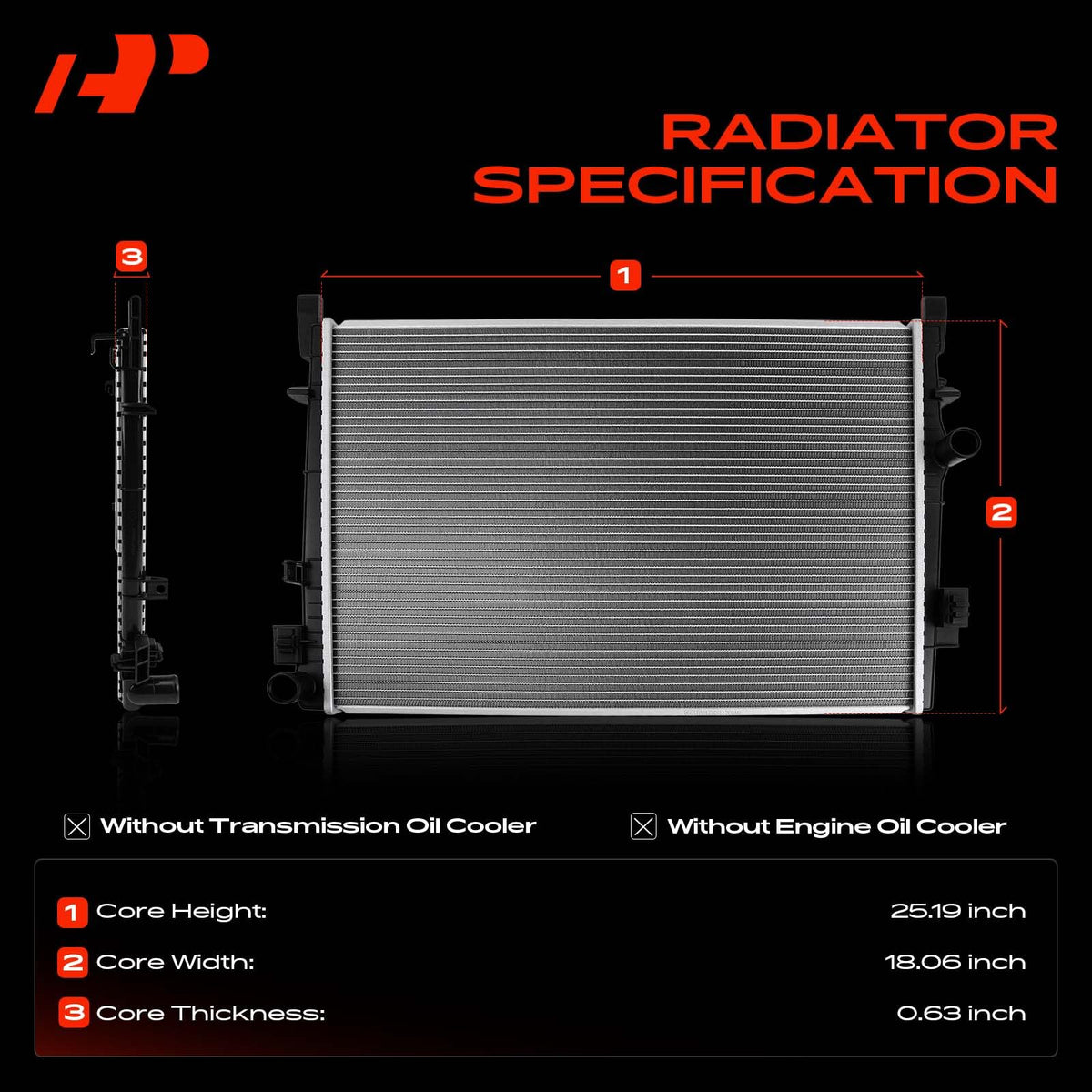 A-Premium radiator inlet and outlet detail showing 1 3/8 inch hose compatibility