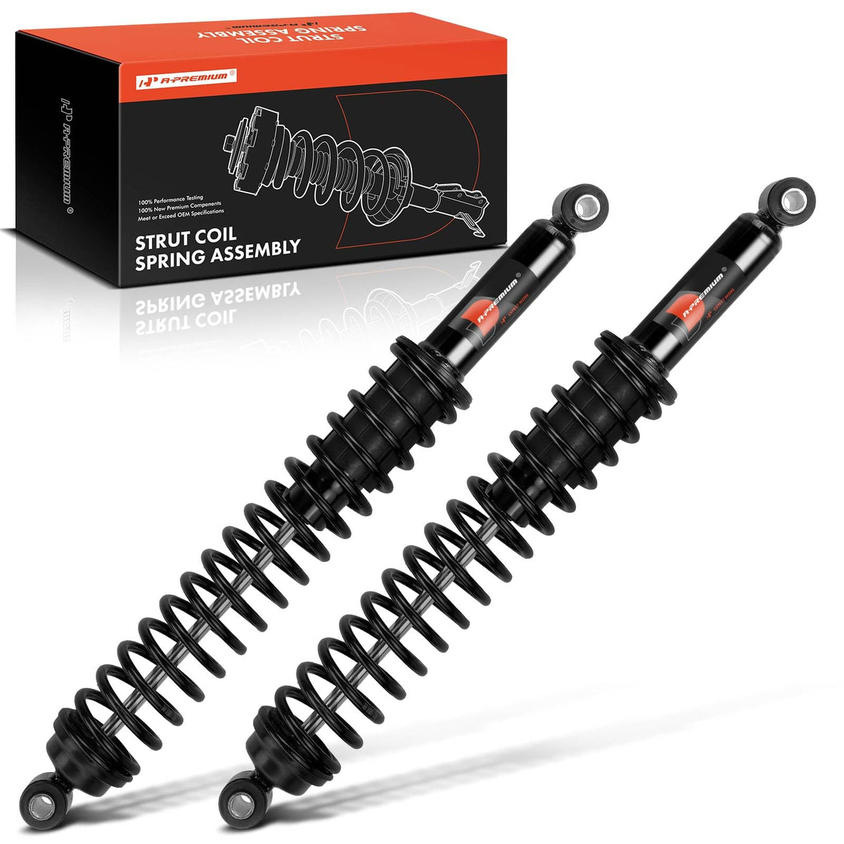 A-Premium front view of rear shock assembly showing full replacement unit and fitment benefit