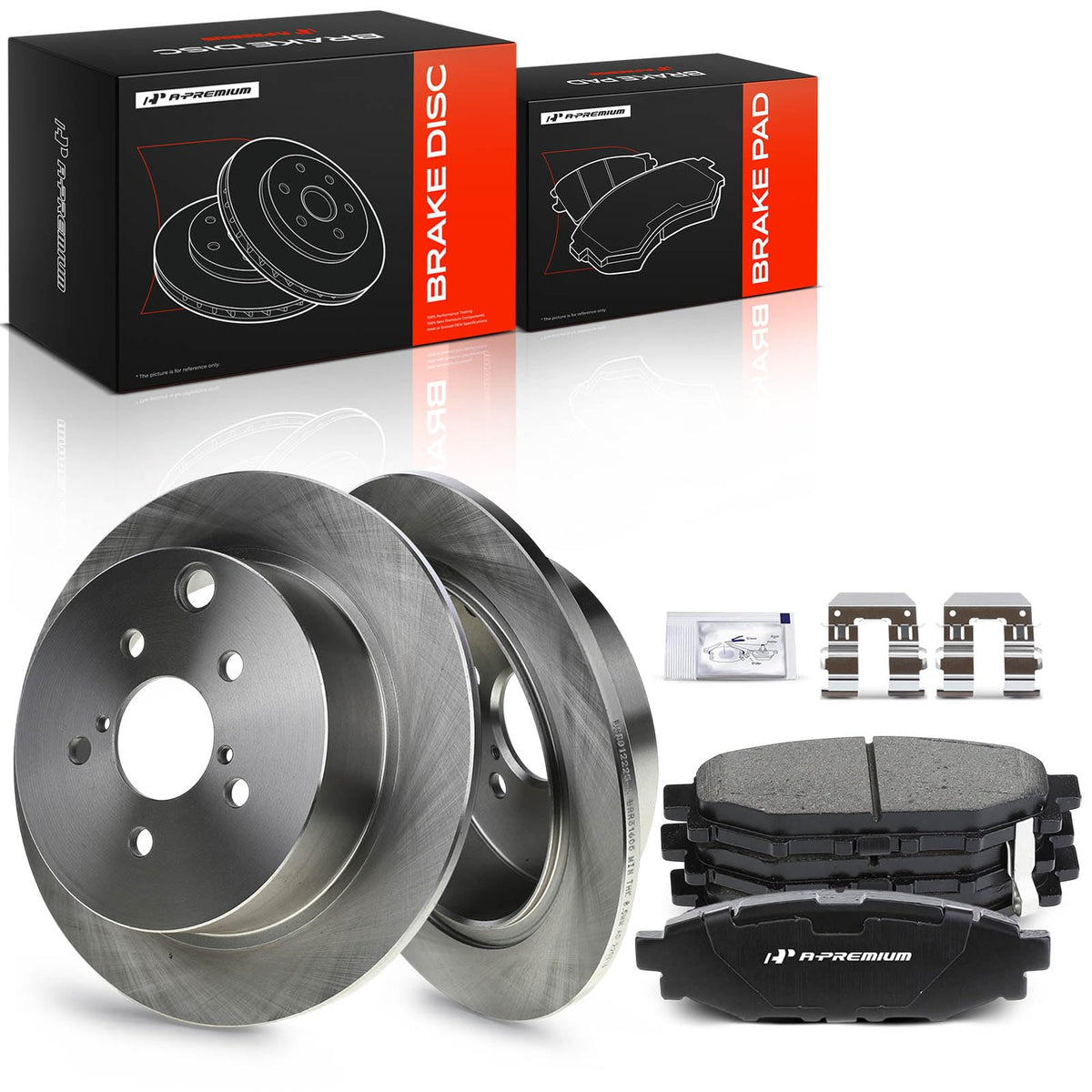 A-Premium rear brake kit packaging showing components for quick identification and fit confirmation