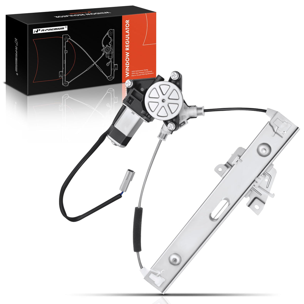 A-Premium front view of rear driver-side regulator showing fit and alignment benefits