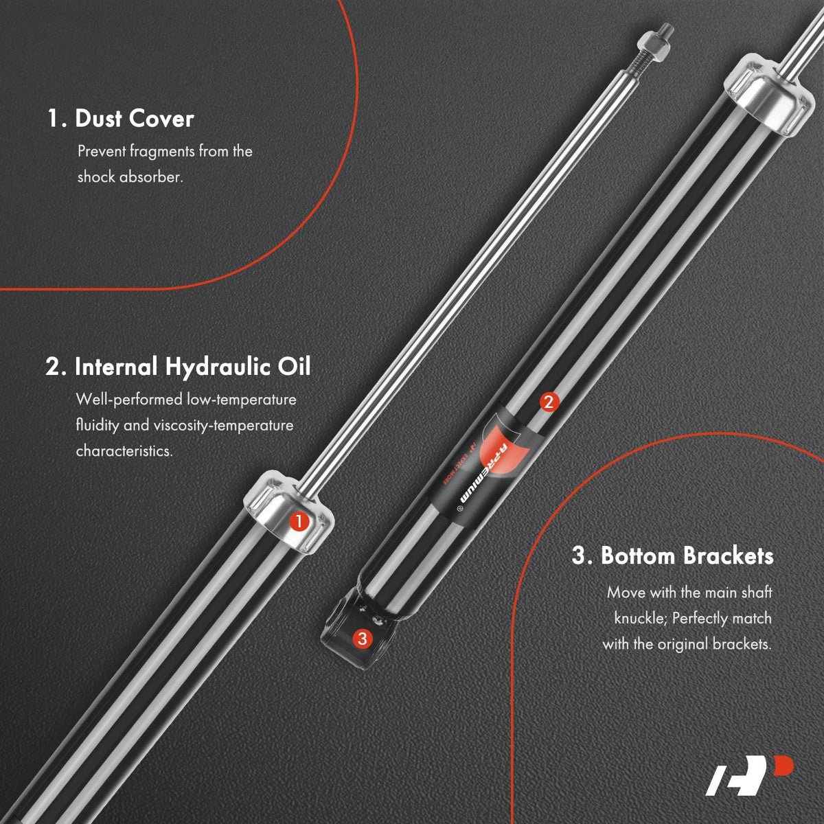 A-Premium rear shock close-up of mount with reinforced seal for long life