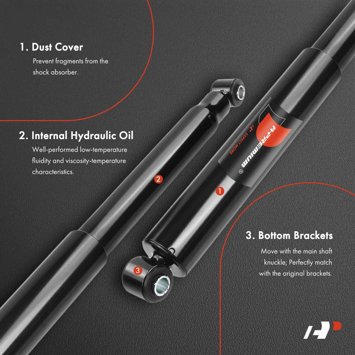 A-Premium rear shock detail highlighting piston design and ride stability benefit