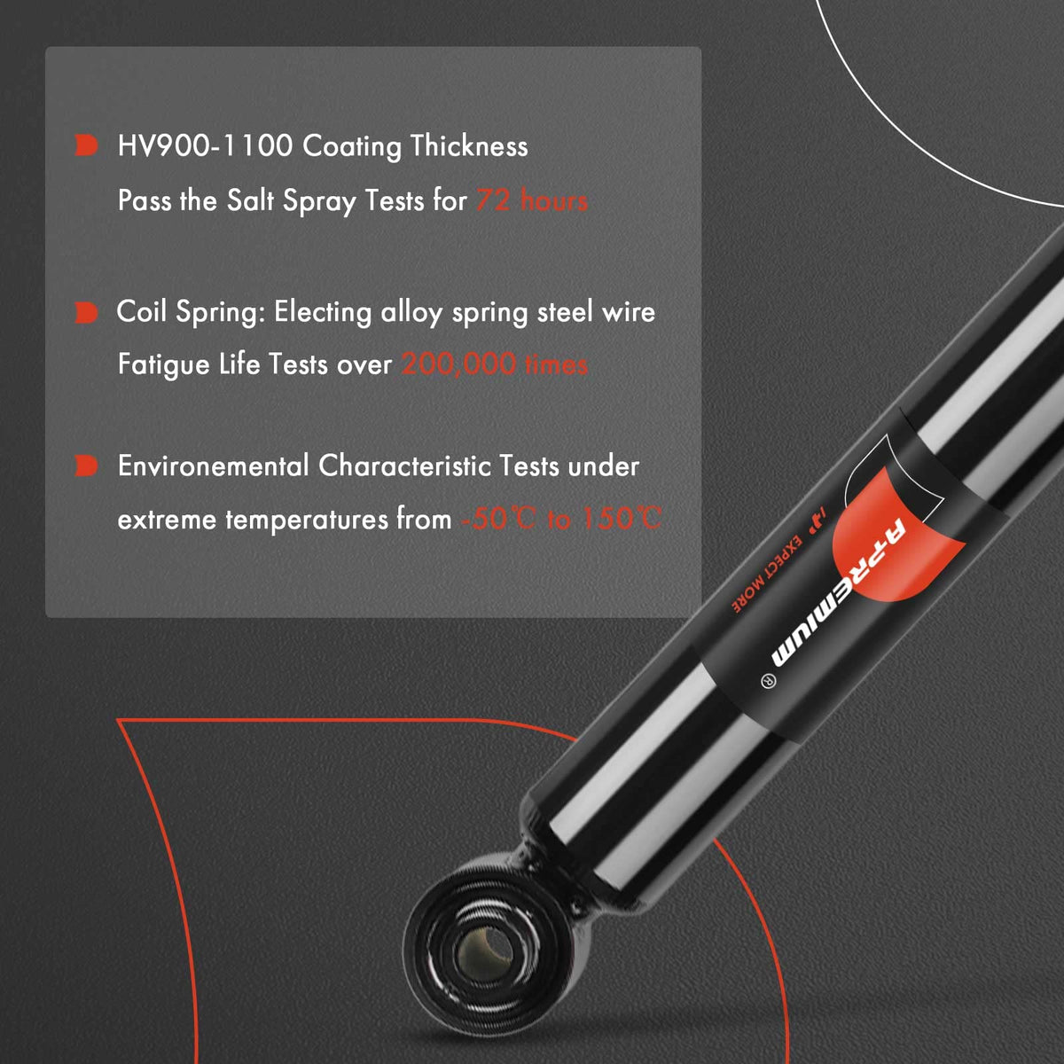 A-Premium rear shock compressed and extended comparison showing stroke and length benefit