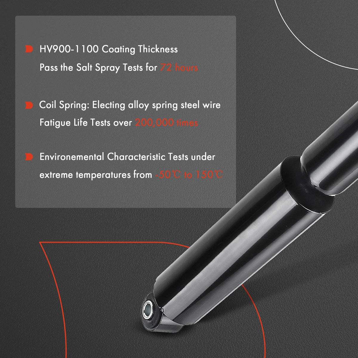 A-Premium shock alongside ruler showing extended and compressed length measurements