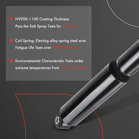A-Premium shock alongside ruler showing extended and compressed length measurements