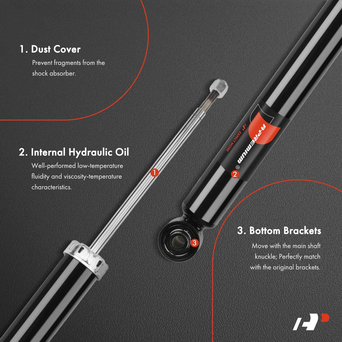 A-Premium rear shock mount detail showing upper and lower mounts for accurate fit benefit