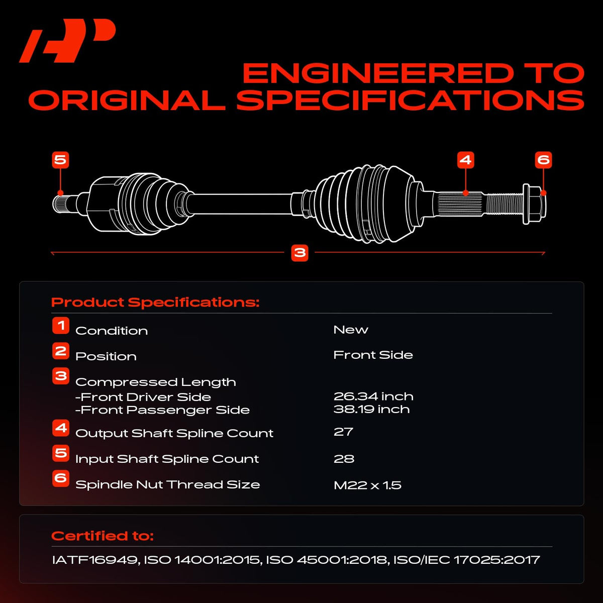 A-Premium right front axle full-length view demonstrating correct compressed length and build