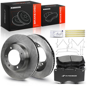 A-Premium front kit packaging showing rotors and pads, clear compatibility benefits