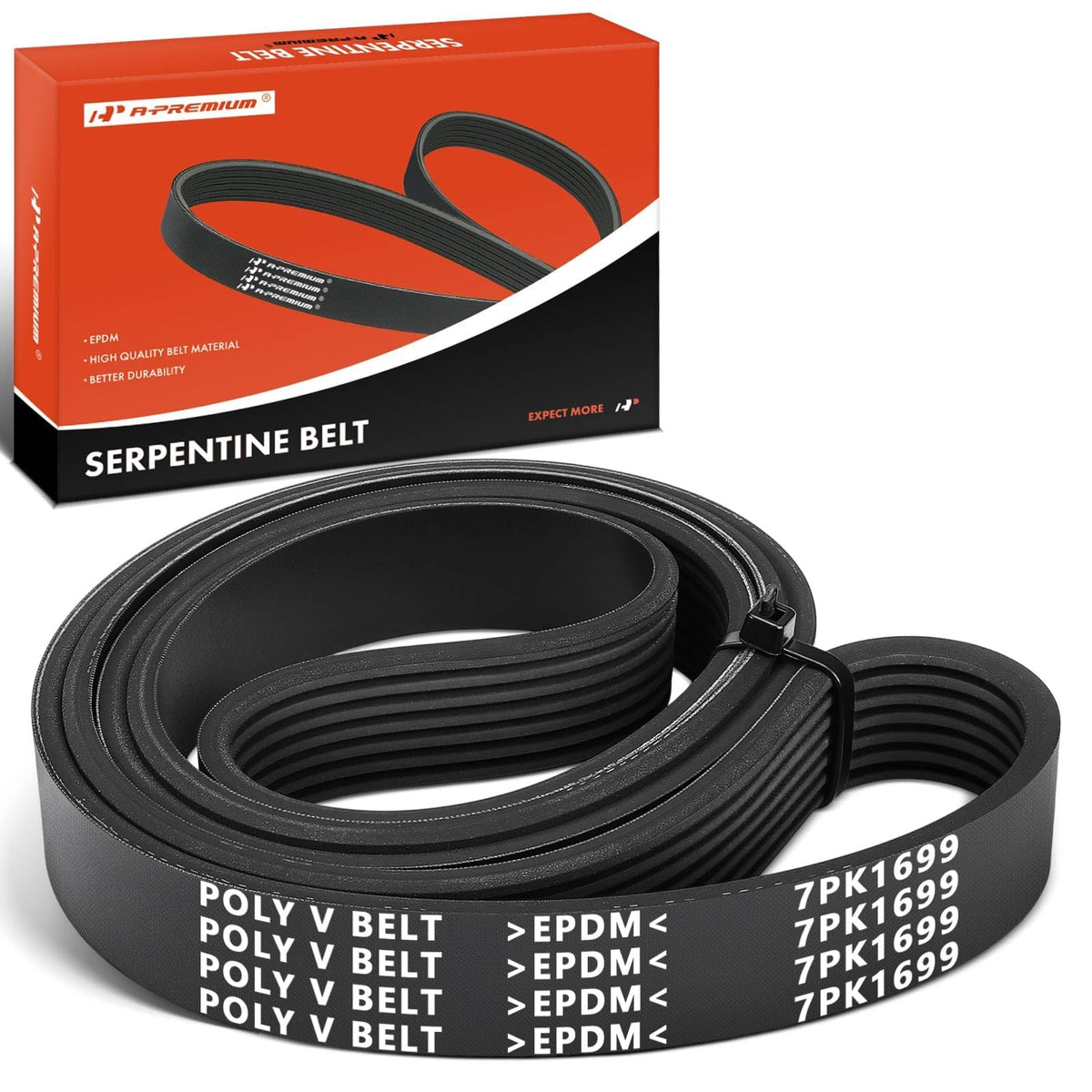 A-Premium serpentine belt front view showing full 7-rib profile and fitment clarity
