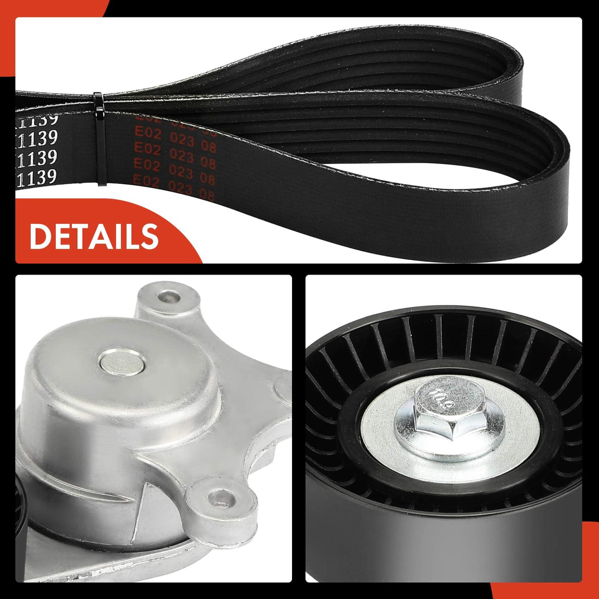 A-Premium belt and tensioner beside ruler showing dimensions and scale