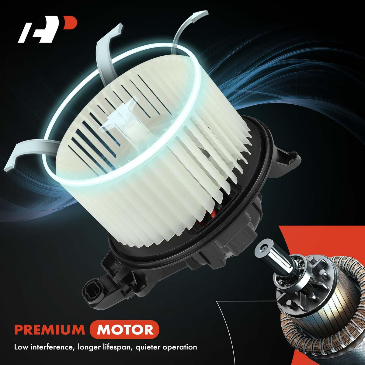 A-Premium blower motor beside ruler to show correct OE-matching size
