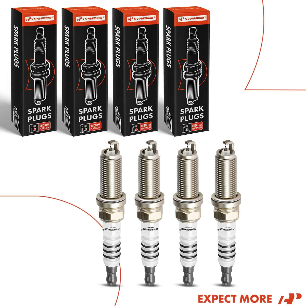 A-Premium spark plugs on a workshop bench in garage setting conveying professional use