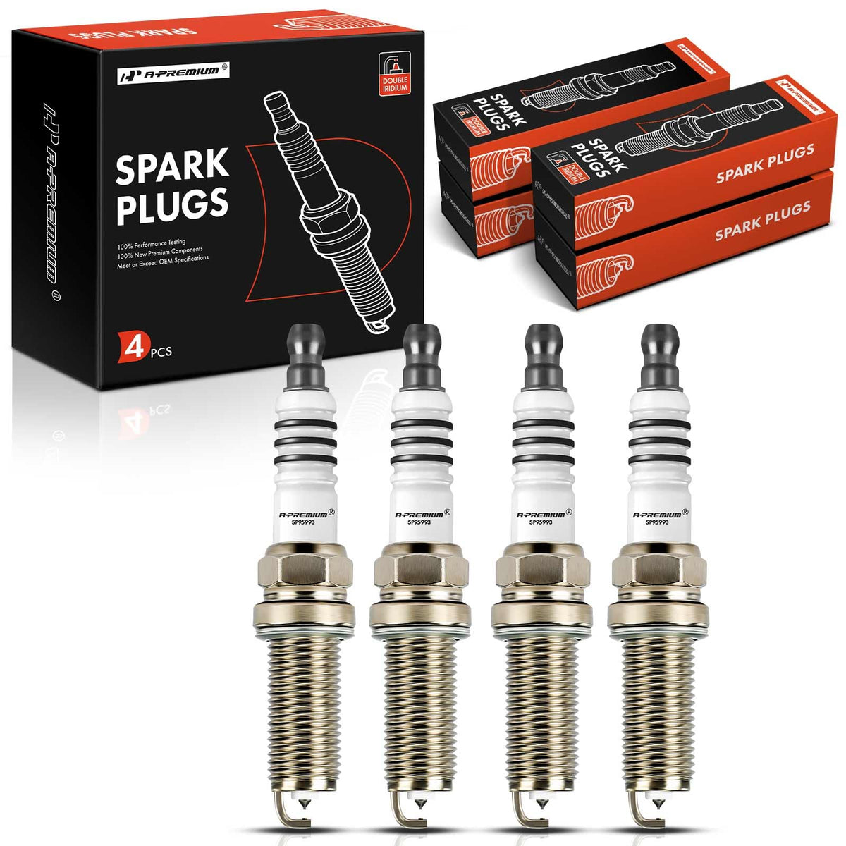 A-Premium front packaging showing four spark plugs and product details for fit assurance