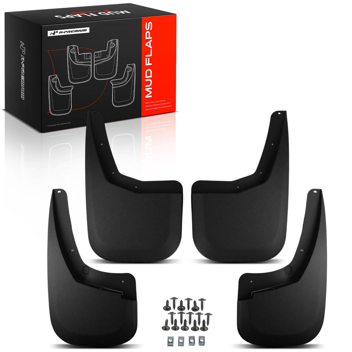 A-Premium front packaging showing mud flaps and benefits of easy install