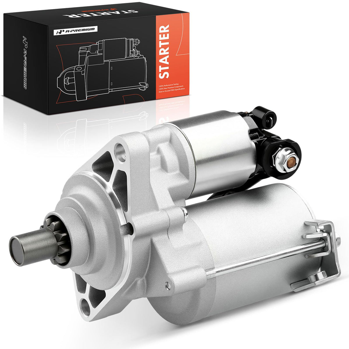 A-Premium front view of starter motor showing housing and benefits of direct-fit