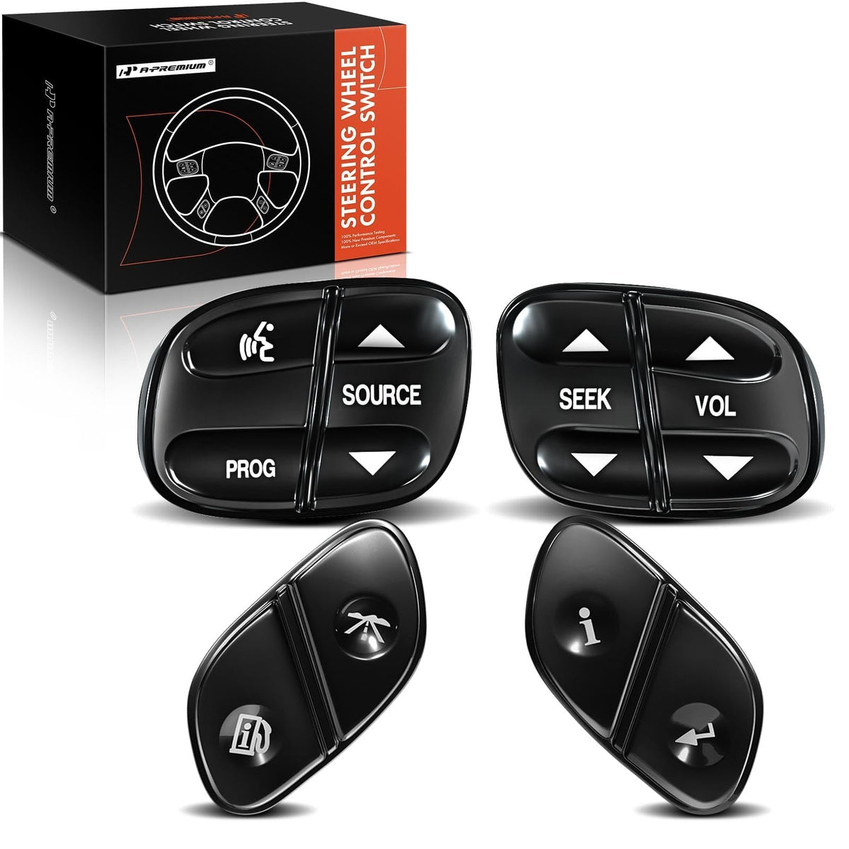 A-Premium front view of four steering wheel control switches showing fit and finish