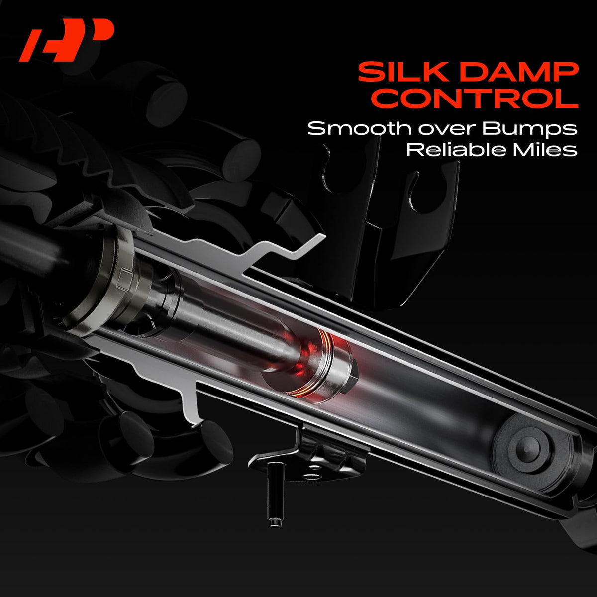 A-Premium strut next to a ruler showing body and travel dimensions for accurate fitment