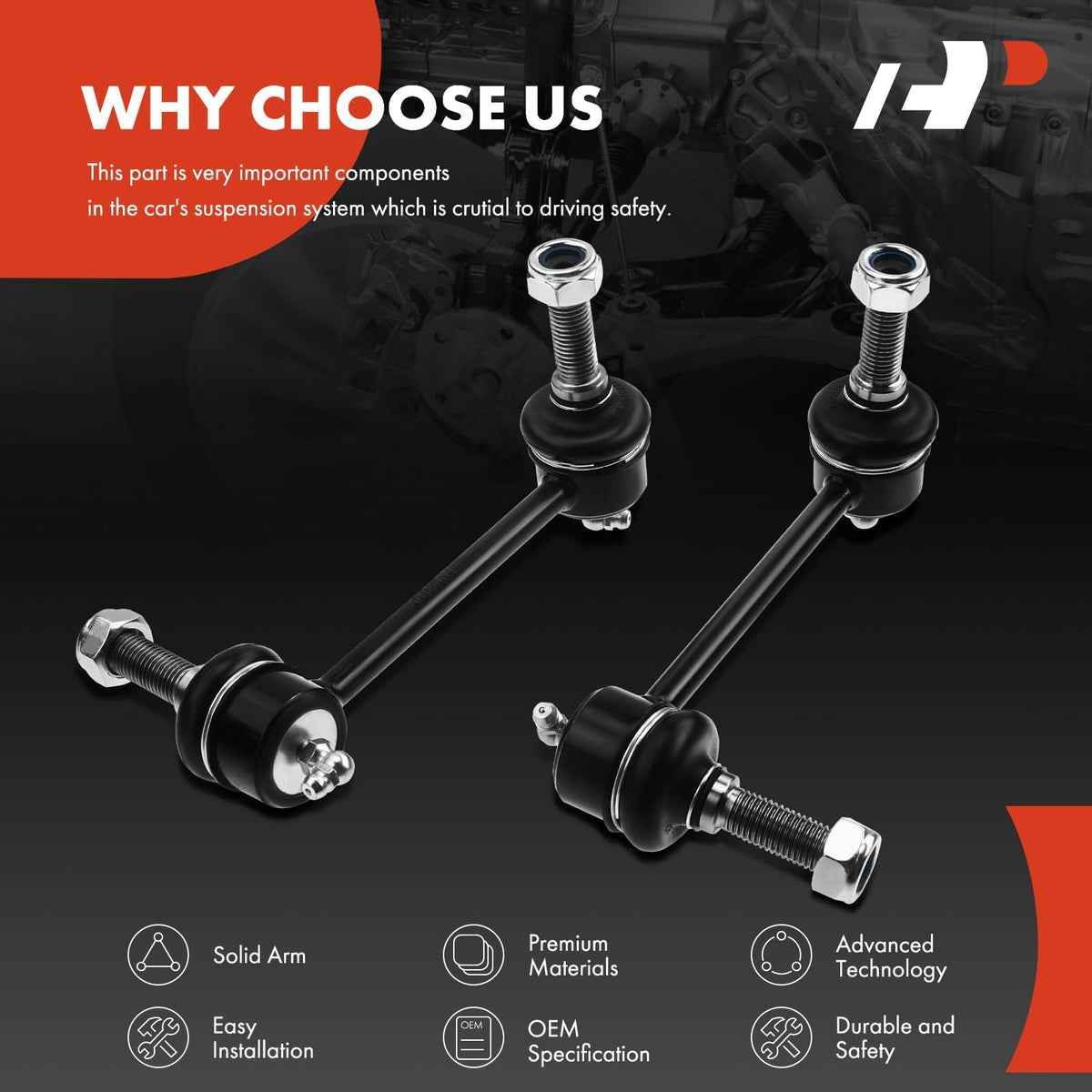 A-Premium sway bar link with mounting hardware laid out for straightforward installation