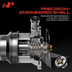 A-Premium thermostat housing flange closeup showing corrosion-resistant finish