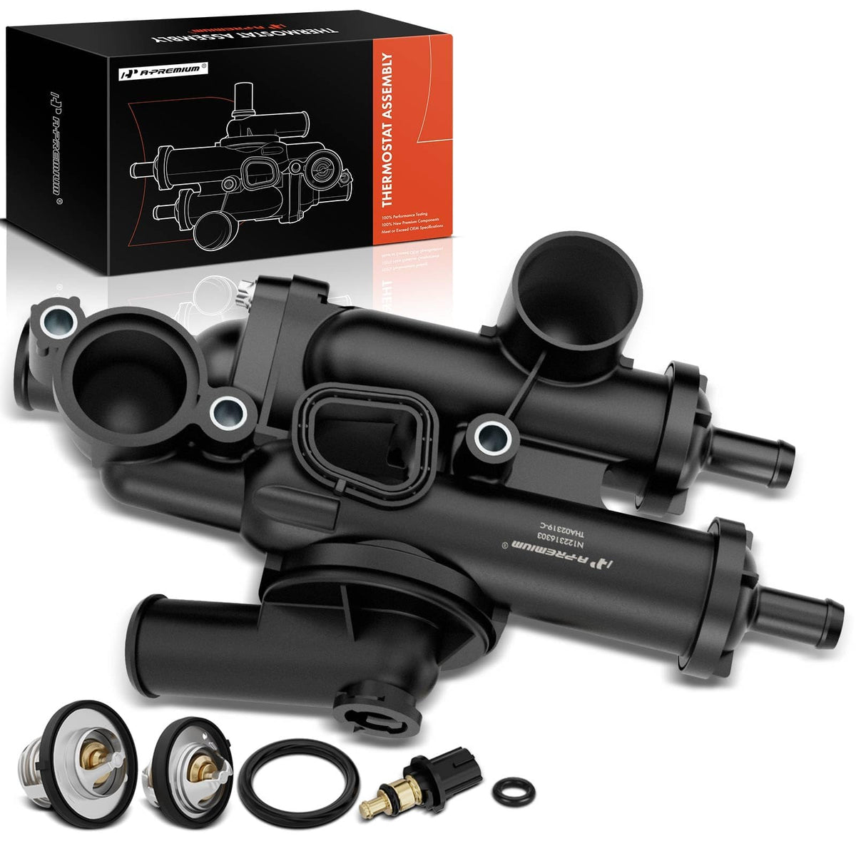 A-Premium front view of thermostat housing showing mounting alignment and fitment benefit