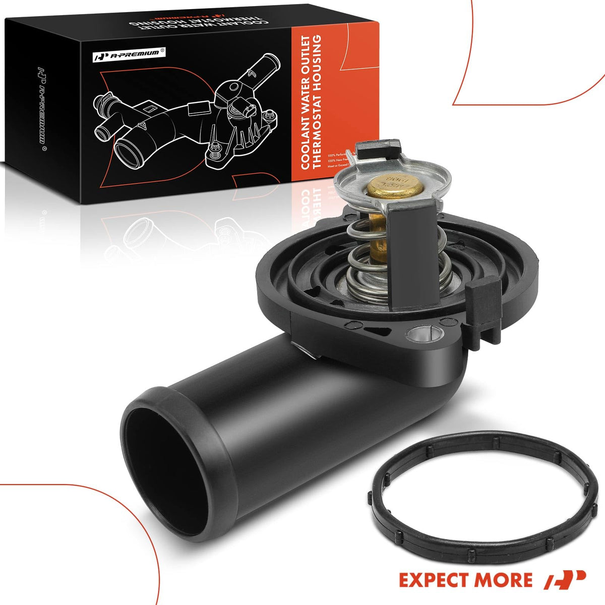A-Premium thermostat housing in a garage scene illustrating ready-to-install automotive repair