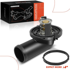 A-Premium thermostat housing in a garage scene illustrating ready-to-install automotive repair
