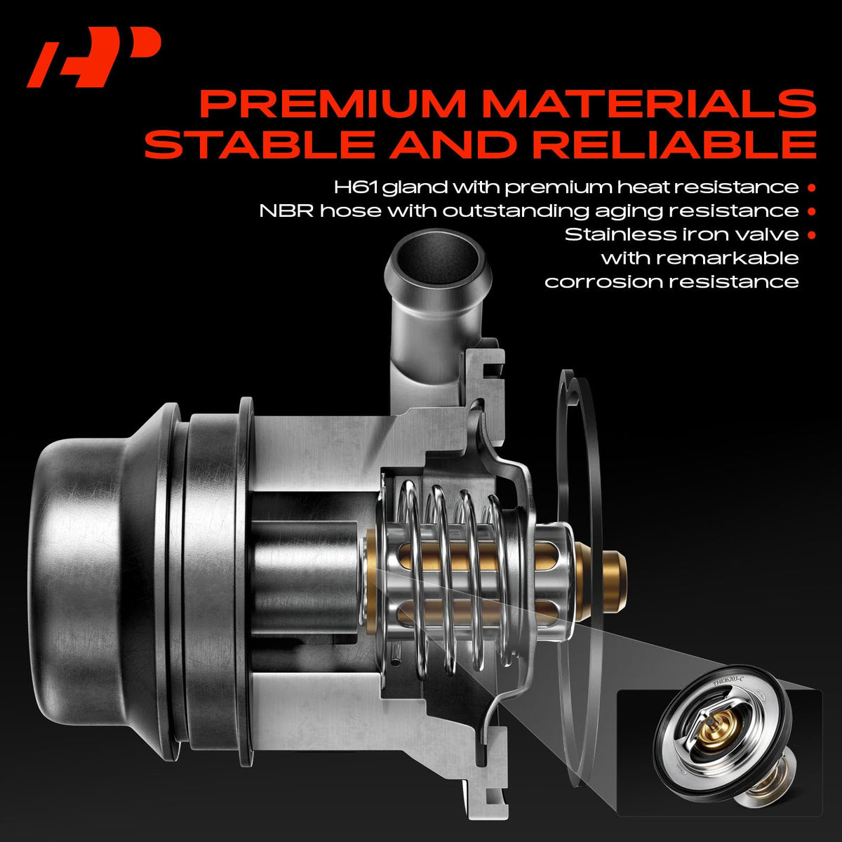 A-Premium thermostat seal detail highlighting leak-resistant molded gasket benefit