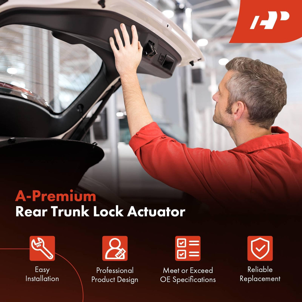 A-Premium trunk latch material detail highlighting reinforced plastic and metal parts