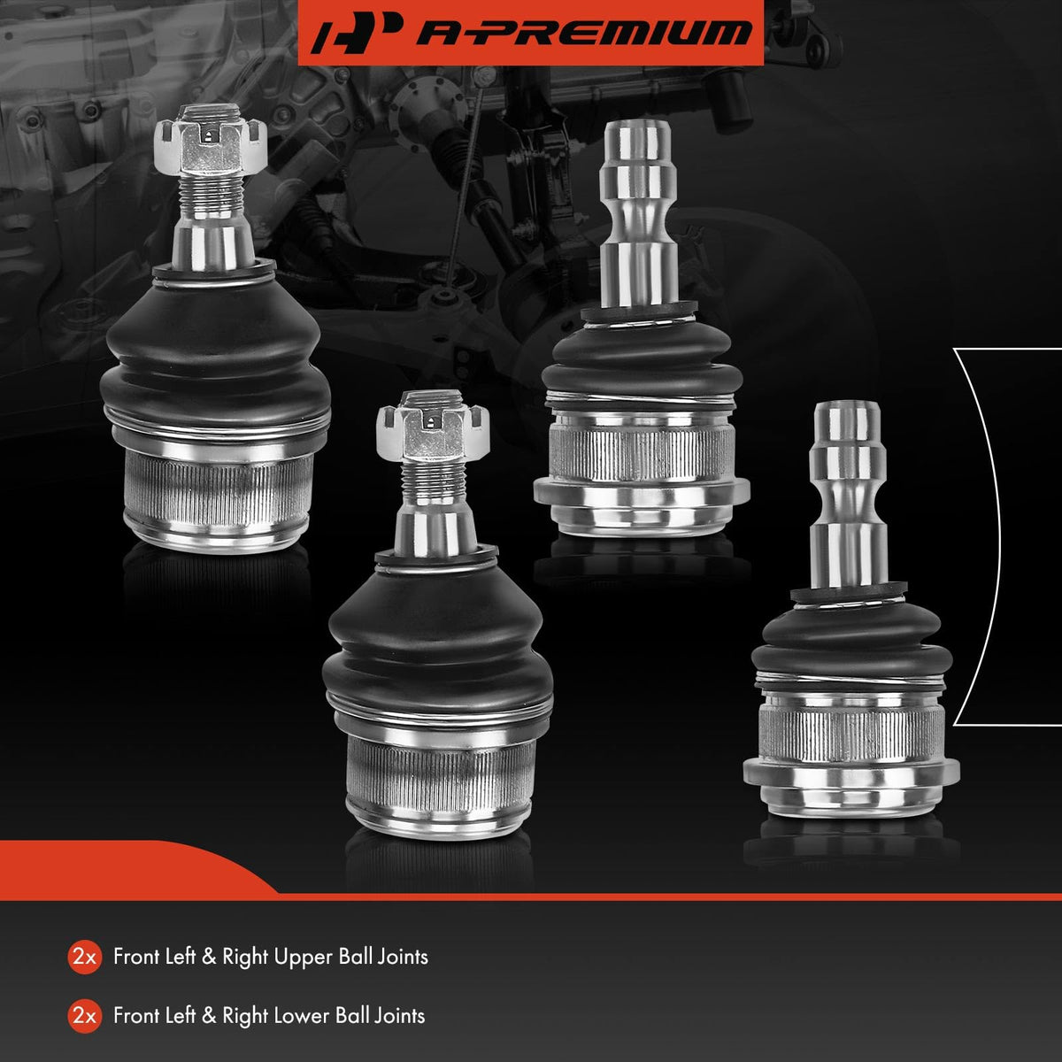 A-Premium upper ball joint close-up showing steel stud and rubber bushing for quiet ride
