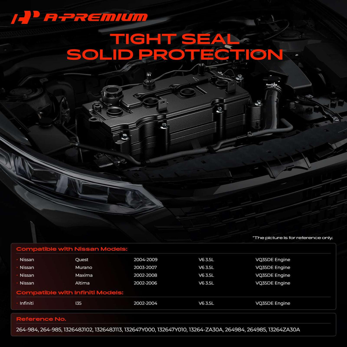 A-Premium rear valve cover highlighting OEM fit and leak prevention benefit
