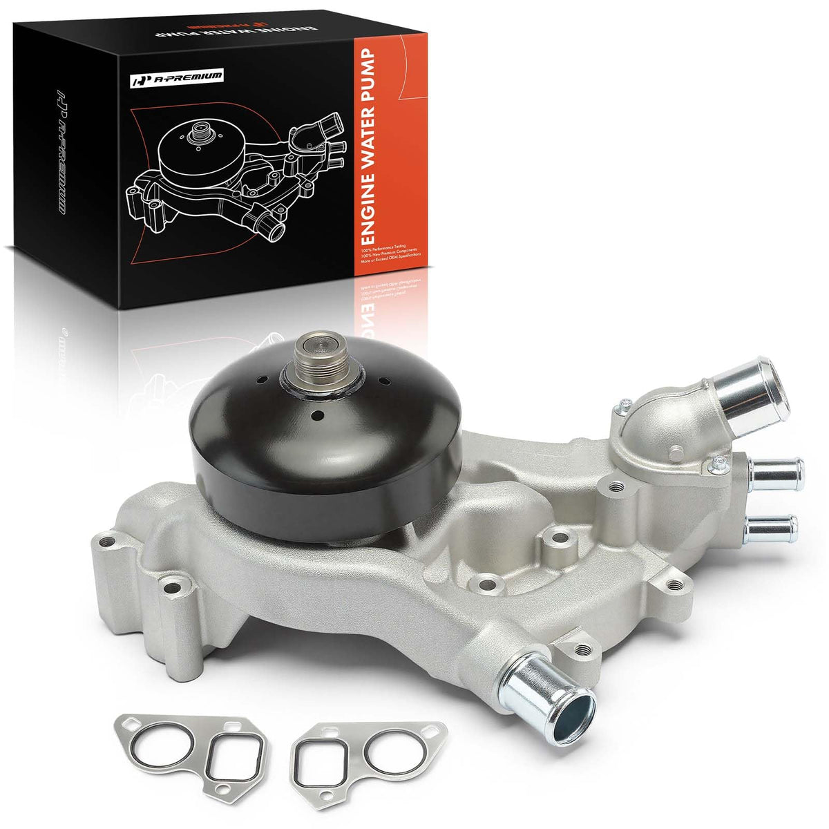 A-Premium water pump front assembly showing fit for GM engines and reliable coolant flow