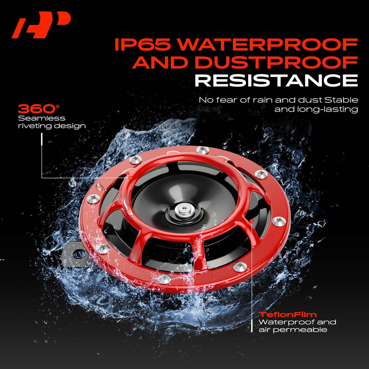 A-Premium horn with water splash demonstrating waterproof build for all-weather use