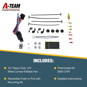 A-Team Performance fan beside ruler showing 16-inch scale for fitment planning