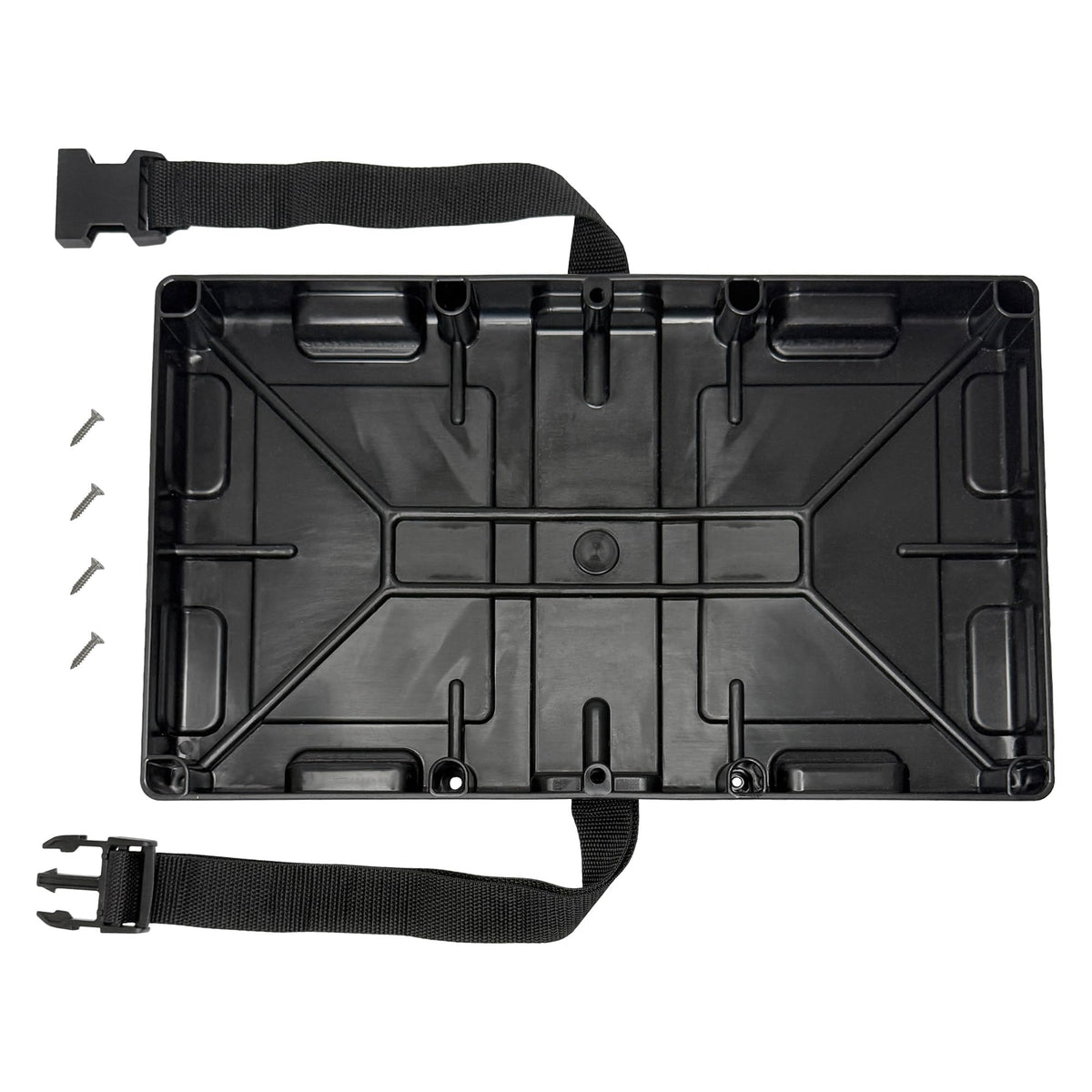 A.A battery tray front view showing secure cradle and benefit of stable mounting
