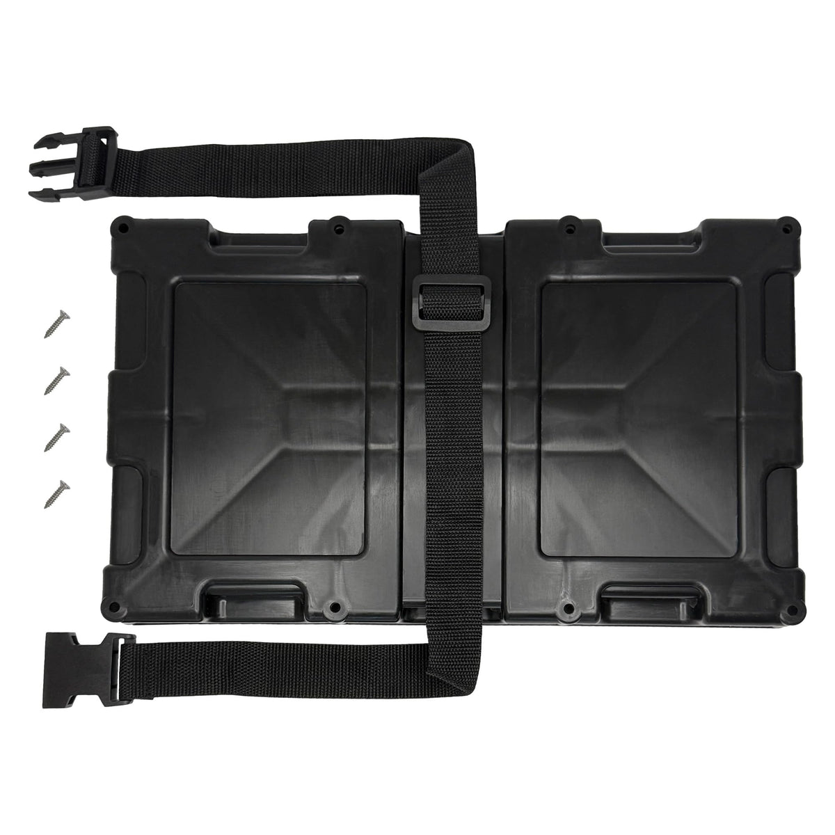 A.A battery tray close-up of strap and buckle for quick-release safety benefit
