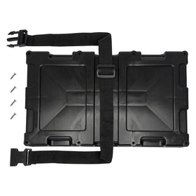 A.A battery tray close-up of strap and buckle for quick-release safety benefit