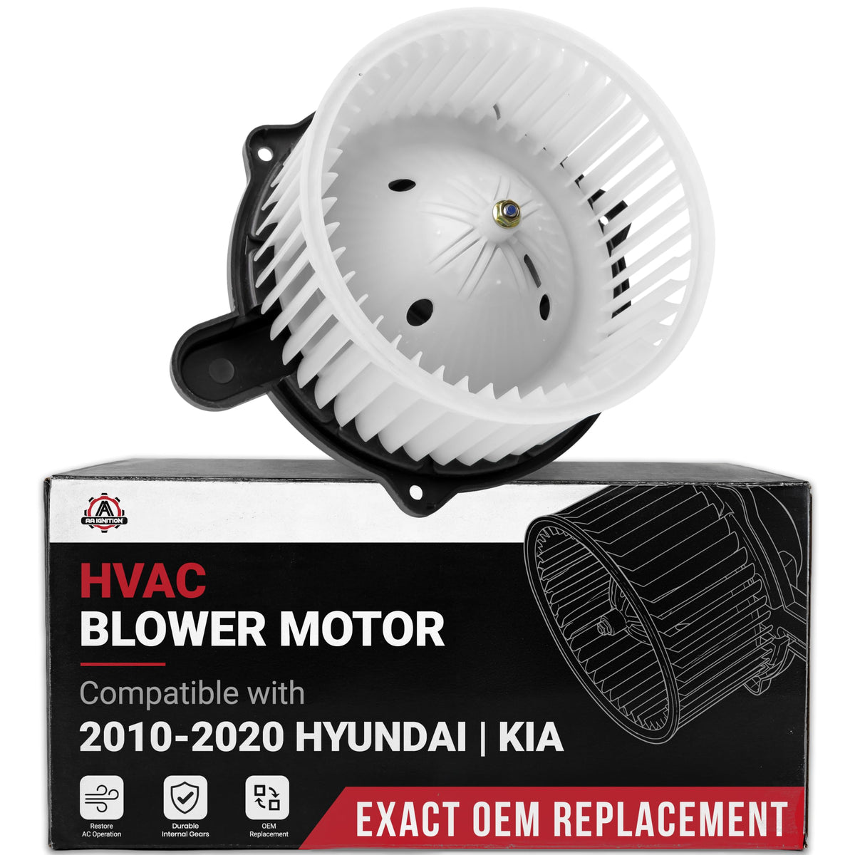 AA Ignition blower motor front assembly showing mounting points and fitment benefit
